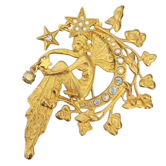 Kirk's Folly Gold Tone  Beautiful Fairy On A Crescent Moon Star Dangle Brooch - Picture 3 of 9